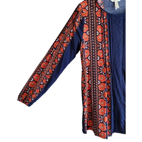 MATILDA JANE Women's S Top Navy Blue Orange Lace Pleated Crochet Neck Trim 34" - Picture 4 of 7